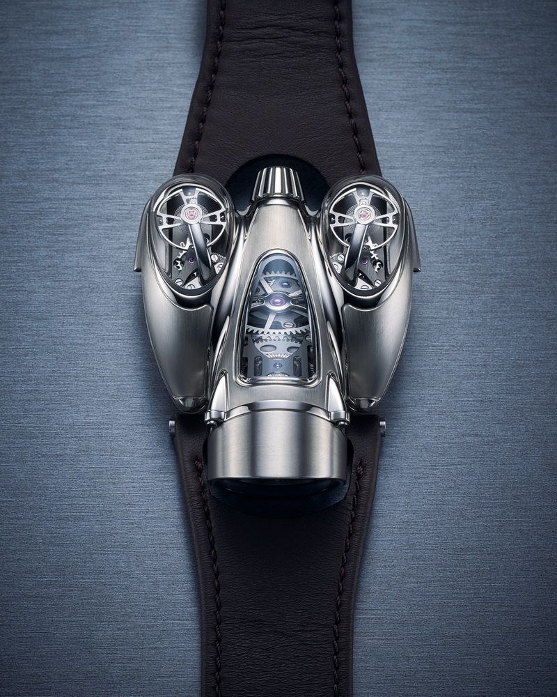 MB&F Horological Machine No. 9 Flow, its twin-blade case caught in low light
